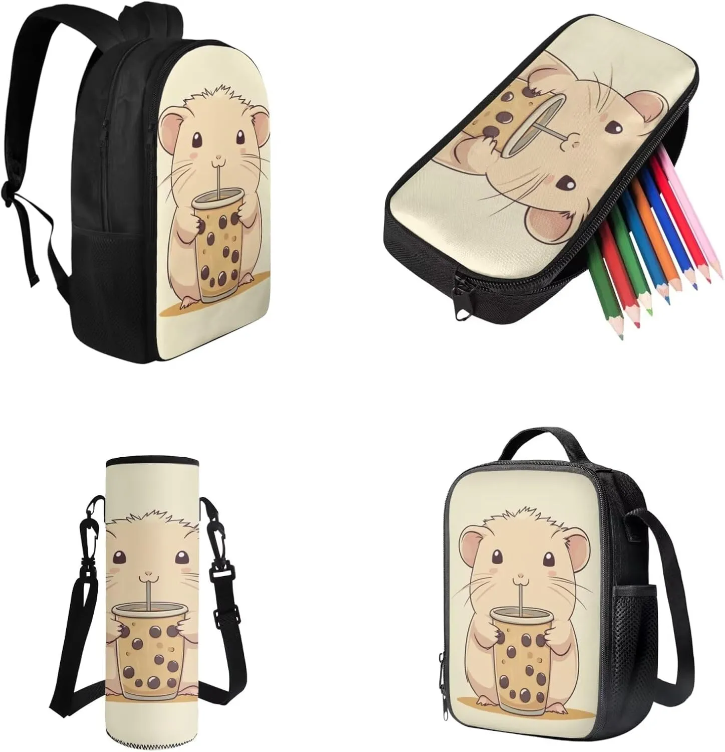 FOR U DESIGNS Capybara Backpack and Lunchbox Cute School Bag Set 4 Piece Kawaii Bookbag for Girls with Pencil Case Large Capacity Book Bag for Kids 5-7 Girls