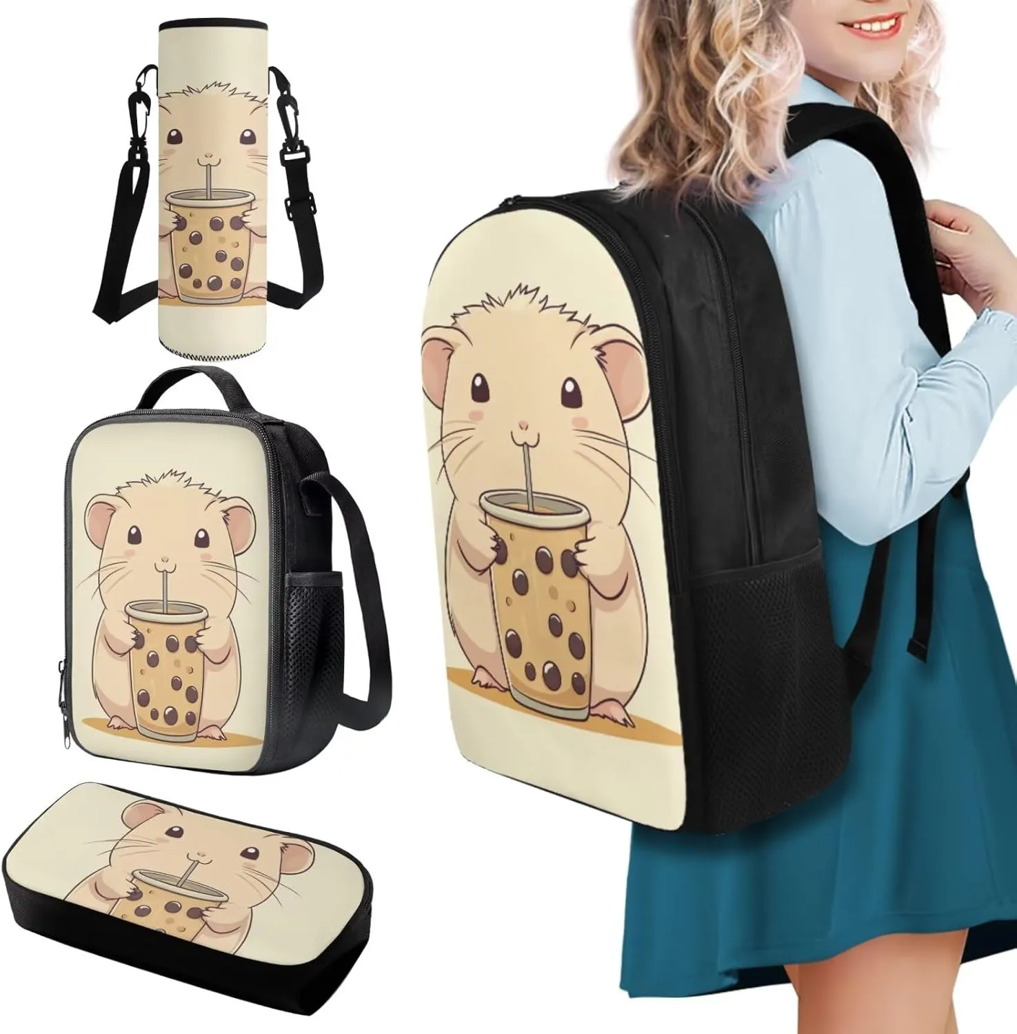 FOR U DESIGNS Capybara Backpack and Lunchbox Cute School Bag Set 4 Piece Kawaii Bookbag for Girls with Pencil Case Large Capacity Book Bag for Kids 5-7 Girls