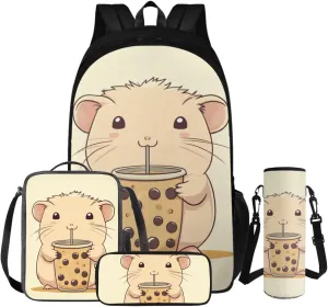 FOR U DESIGNS Capybara Backpack and Lunchbox Cute School Bag Set 4 Piece Kawaii Bookbag for Girls with Pencil Case Large Capacity Book Bag for Kids 5-7 Girls