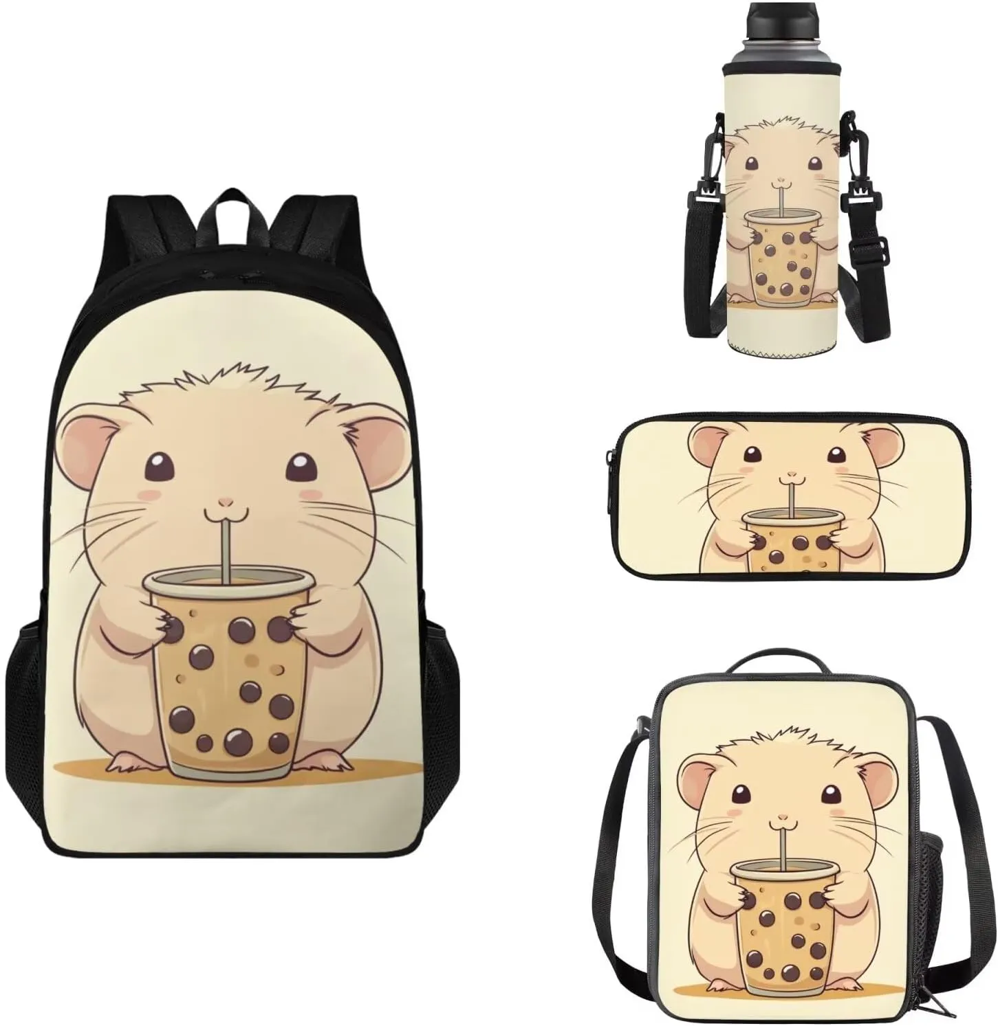 FOR U DESIGNS Capybara Backpack and Lunchbox Cute School Bag Set 4 Piece Kawaii Bookbag for Girls with Pencil Case Large Capacity Book Bag for Kids 5-7 Girls
