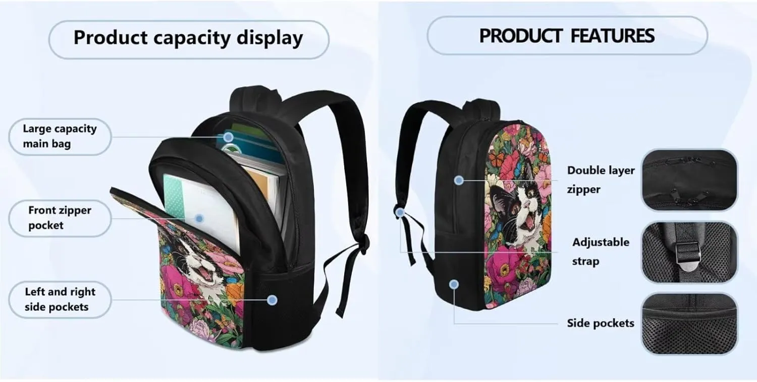FOR U DESIGNS Cat Backpack for Girls School Bookbag with Lunch Bag Ages 8-10 Kawaii Large Capacity Kids Book Bags for Girls Cute Lightweight School Bag 5th Grade