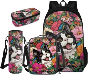 FOR U DESIGNS Cat Backpack for Girls School Bookbag with Lunch Bag Ages 8-10 Kawaii Large Capacity Kids Book Bags for Girls Cute Lightweight School Bag 5th Grade