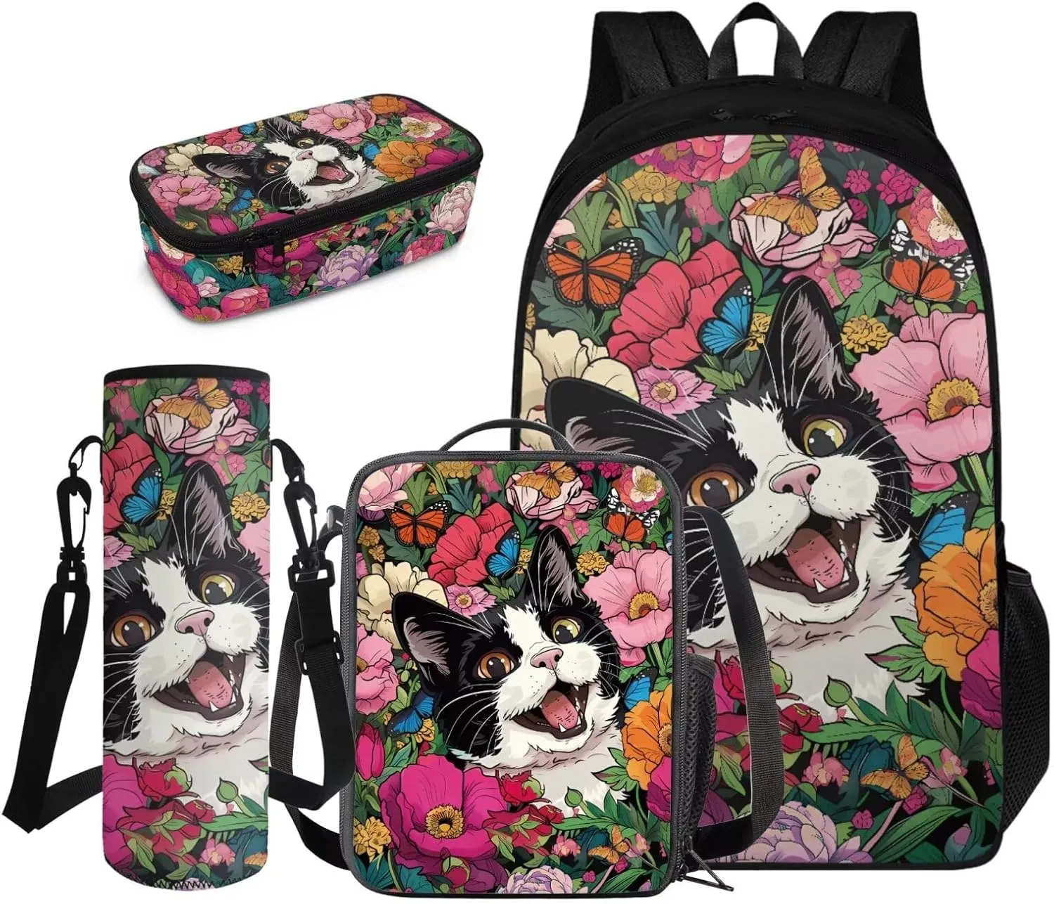 FOR U DESIGNS Cat Backpack for Girls School Bookbag with Lunch Bag Ages 8-10 Kawaii Large Capacity Kids Book Bags for Girls Cute Lightweight School Bag 5th Grade