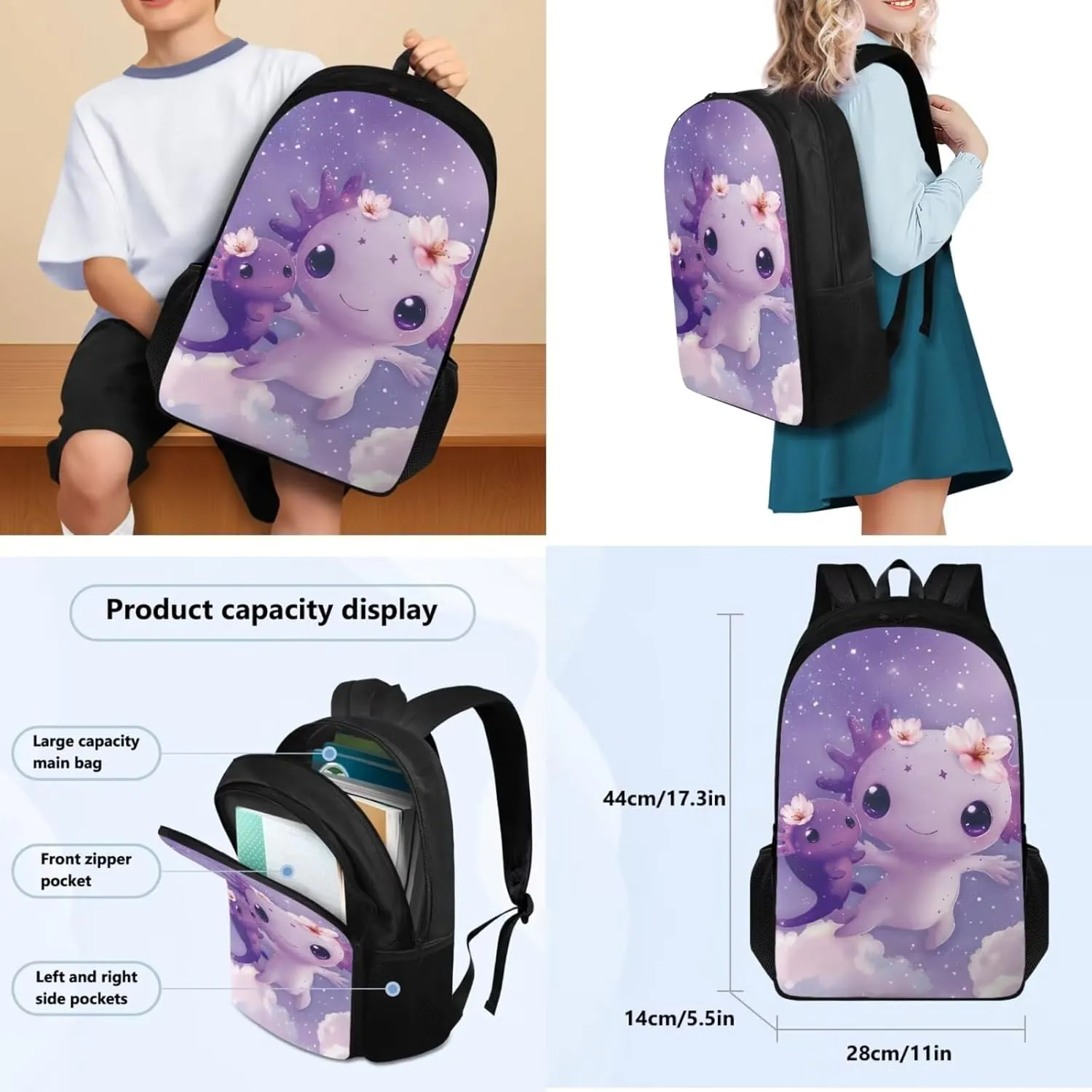 FOR U DESIGNS Girls Axolotl Backpack with Lunch Box Lightweight Bookbag Set Ages 6-8 Large Capacity Cute School Bag for Girls 3rd Grade Kawaii Backpack Set of 4