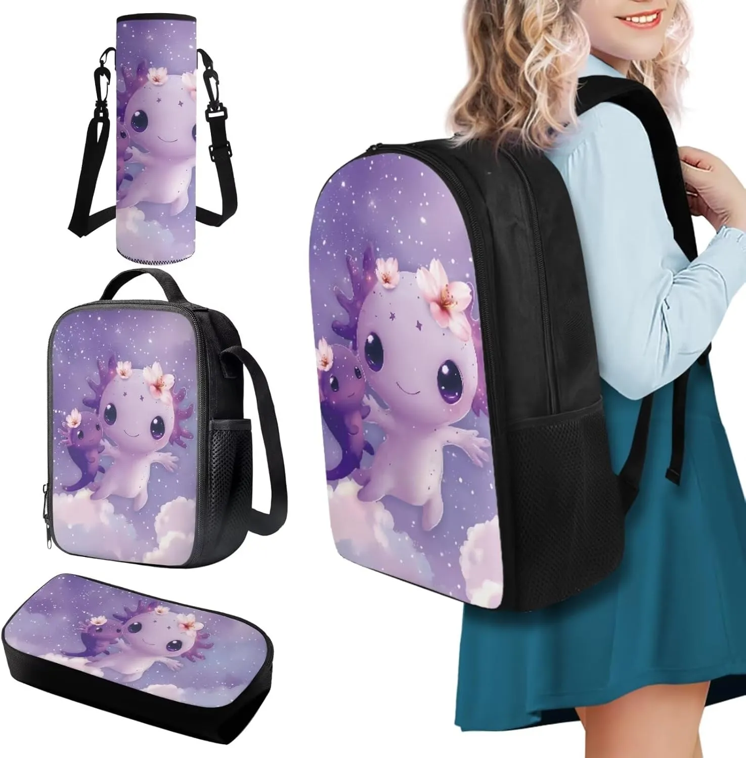 FOR U DESIGNS Girls Axolotl Backpack with Lunch Box Lightweight Bookbag Set Ages 6-8 Large Capacity Cute School Bag for Girls 3rd Grade Kawaii Backpack Set of 4