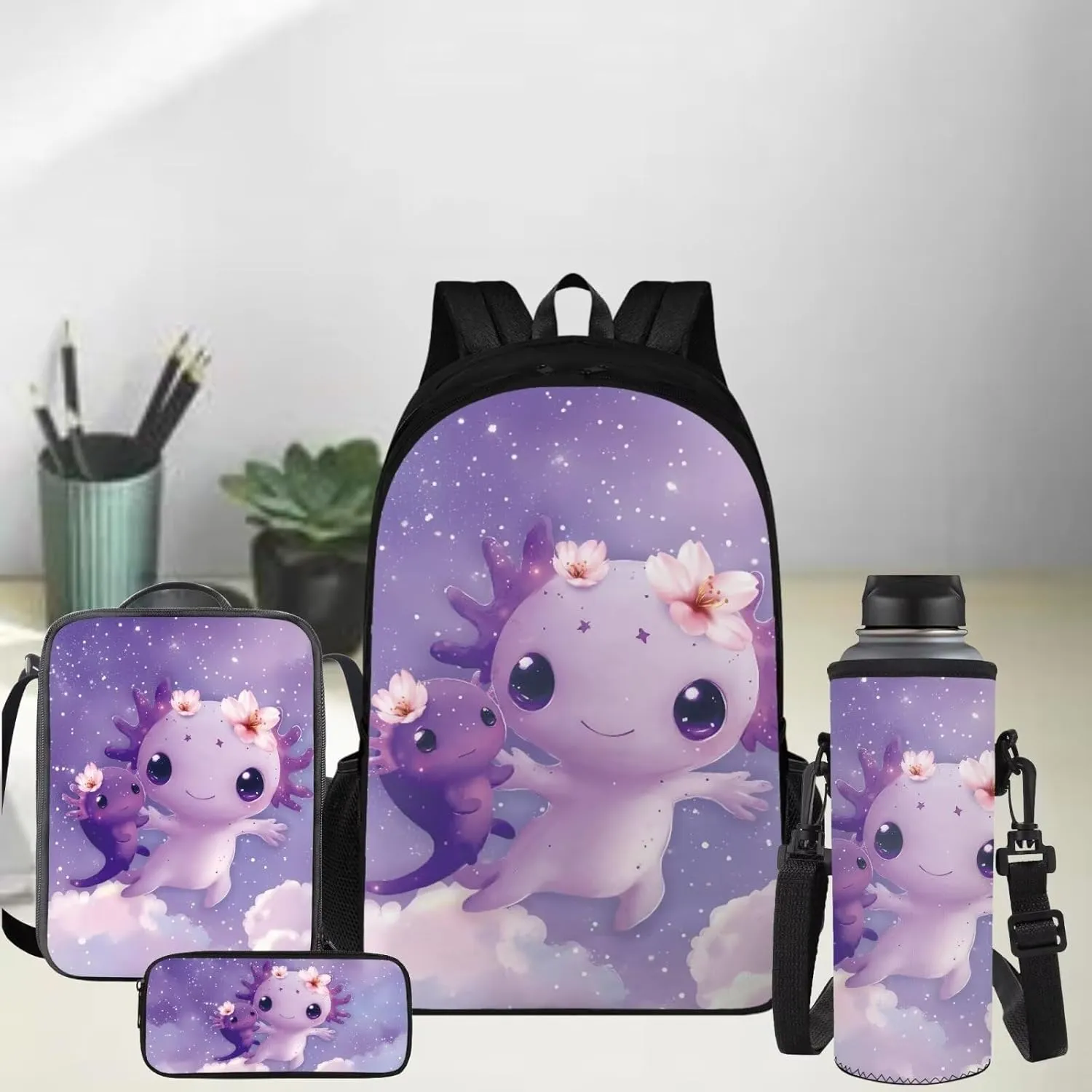 FOR U DESIGNS Girls Axolotl Backpack with Lunch Box Lightweight Bookbag Set Ages 6-8 Large Capacity Cute School Bag for Girls 3rd Grade Kawaii Backpack Set of 4