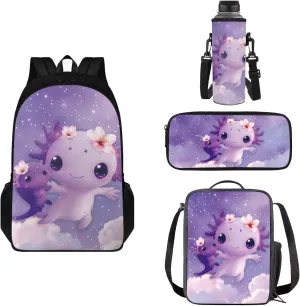 FOR U DESIGNS Girls Axolotl Backpack with Lunch Box Lightweight Bookbag Set Ages 6-8 Large Capacity Cute School Bag for Girls 3rd Grade Kawaii Backpack Set of 4