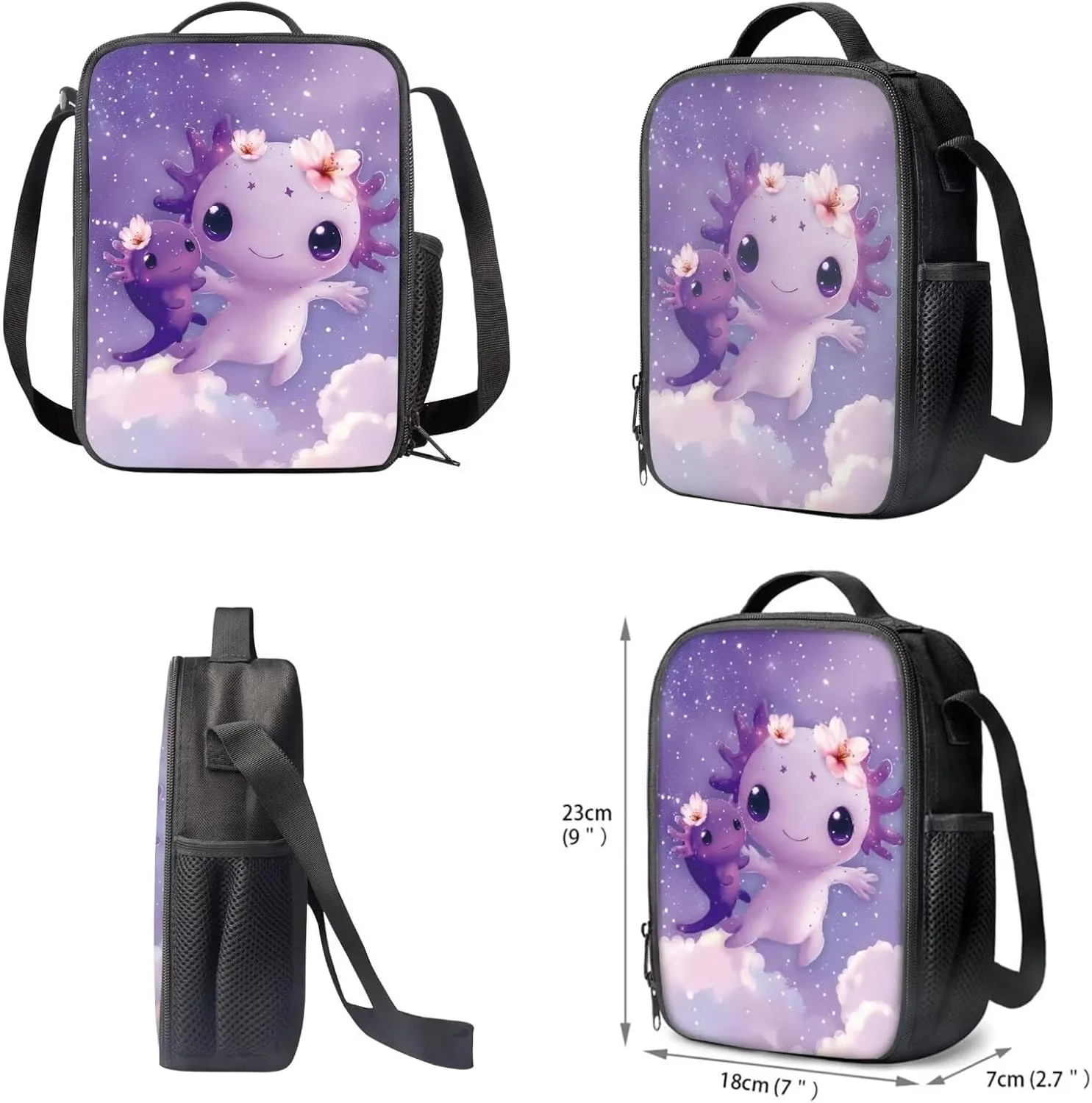 FOR U DESIGNS Girls Axolotl Backpack with Lunch Box Lightweight Bookbag Set Ages 6-8 Large Capacity Cute School Bag for Girls 3rd Grade Kawaii Backpack Set of 4