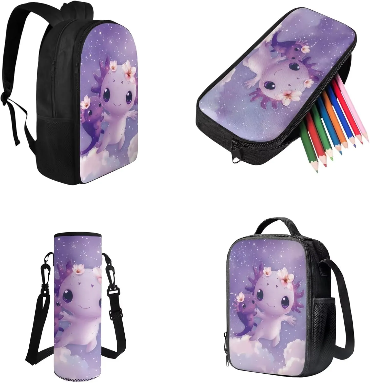 FOR U DESIGNS Girls Axolotl Backpack with Lunch Box Lightweight Bookbag Set Ages 6-8 Large Capacity Cute School Bag for Girls 3rd Grade Kawaii Backpack Set of 4