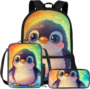 FOR U DESIGNS Penguin Backpack Cool Girls Bookbag Ages 4-6 Large Capacity 1st Grade School Bag and Lunch Bag Set 3 in 1 Book Bags for Kids Travel Rucksack