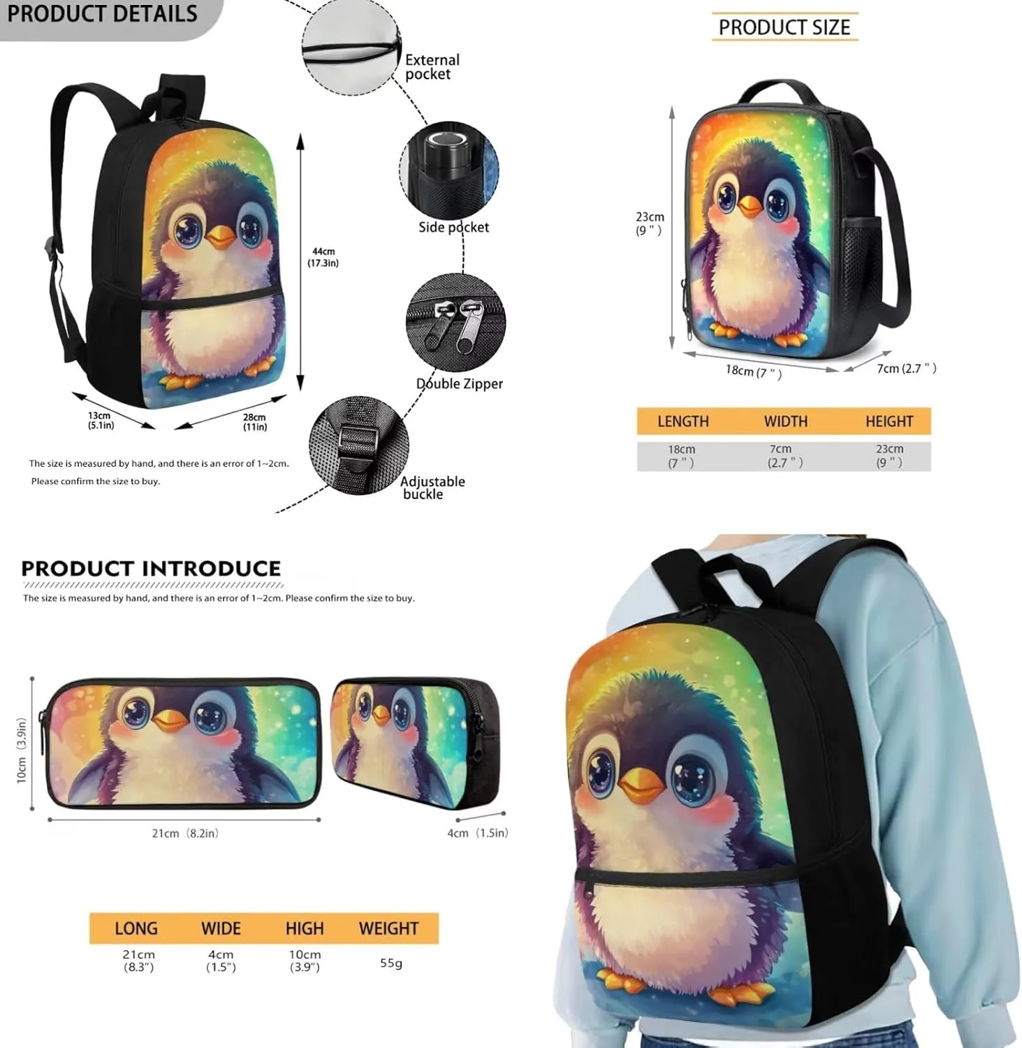 FOR U DESIGNS Penguin Backpack Cool Girls Bookbag Ages 4-6 Large Capacity 1st Grade School Bag and Lunch Bag Set 3 in 1 Book Bags for Kids Travel Rucksack