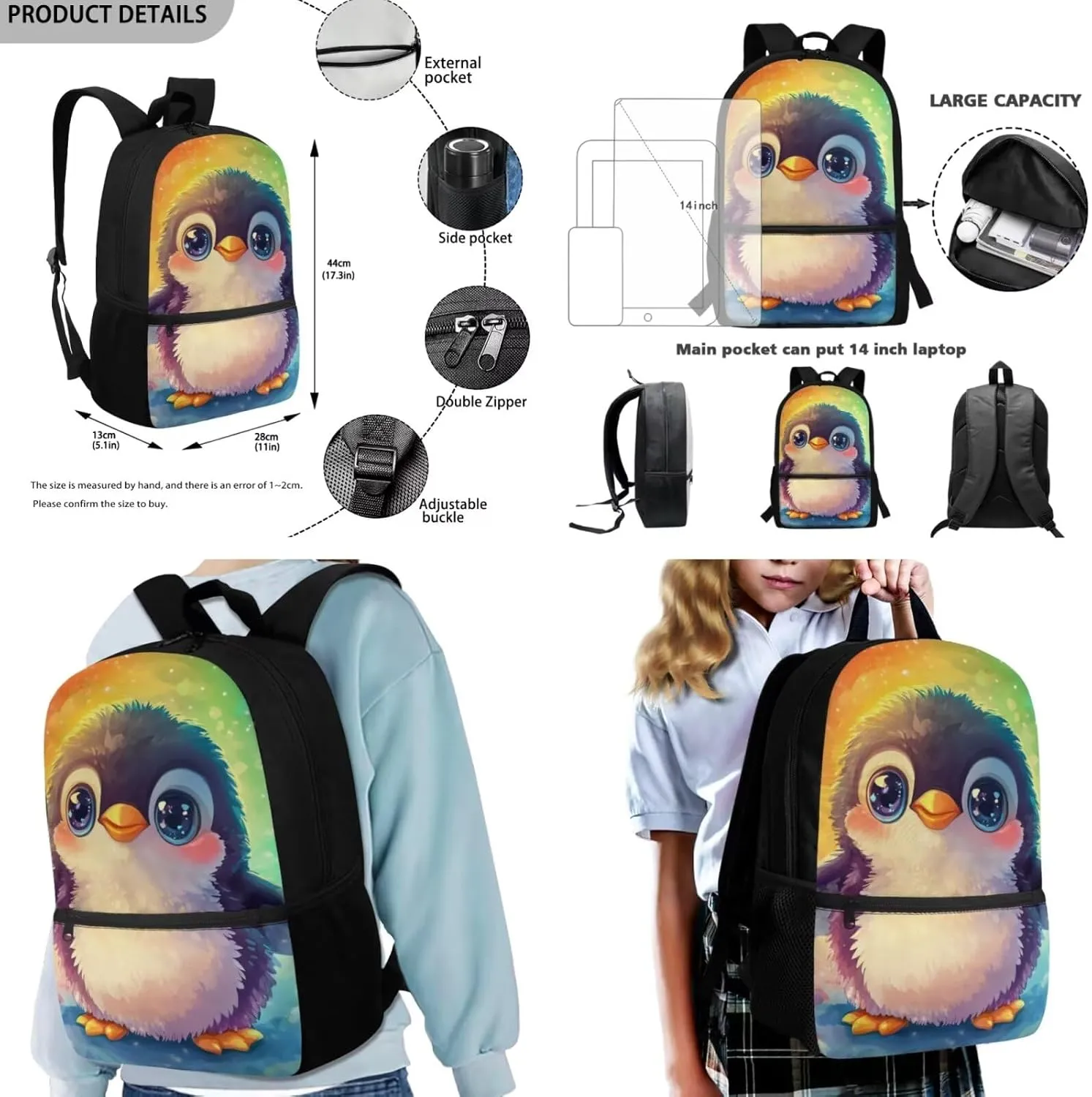 FOR U DESIGNS Penguin Backpack Cool Girls Bookbag Ages 4-6 Large Capacity 1st Grade School Bag and Lunch Bag Set 3 in 1 Book Bags for Kids Travel Rucksack