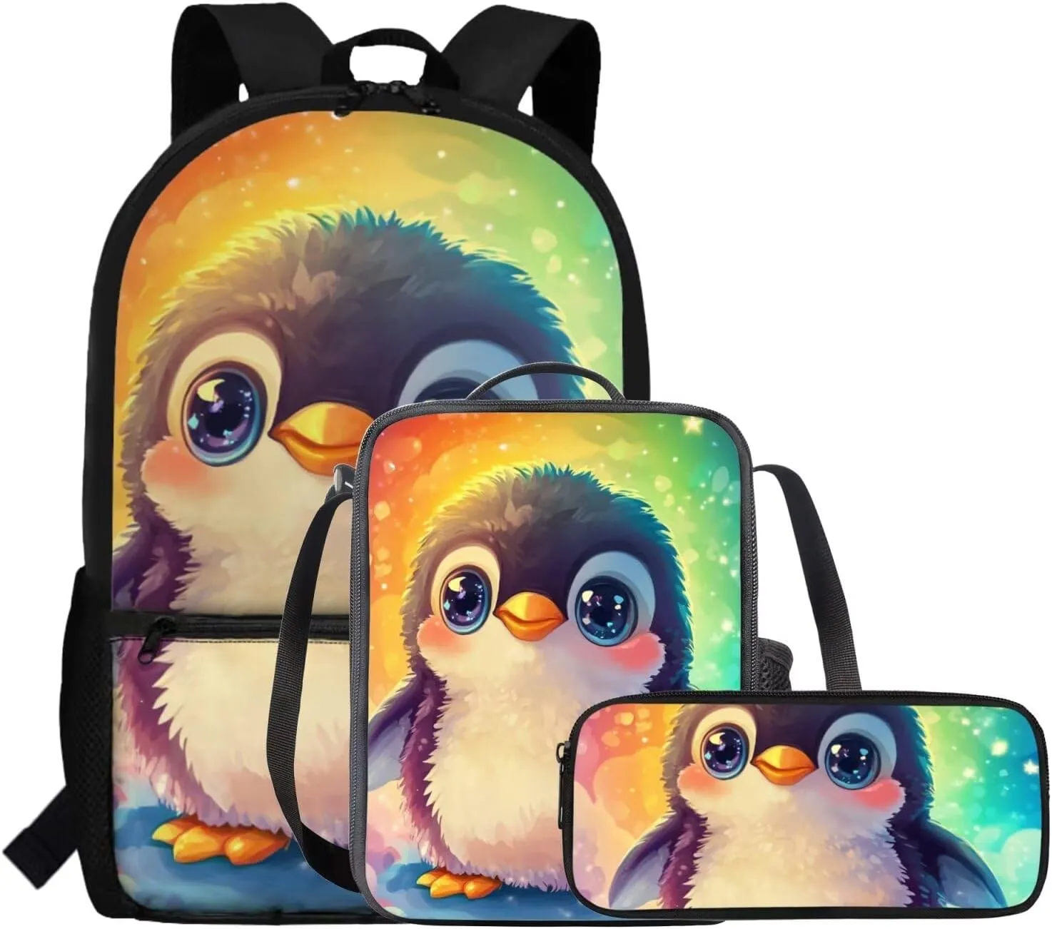 FOR U DESIGNS Penguin Backpack Cool Girls Bookbag Ages 4-6 Large Capacity 1st Grade School Bag and Lunch Bag Set 3 in 1 Book Bags for Kids Travel Rucksack