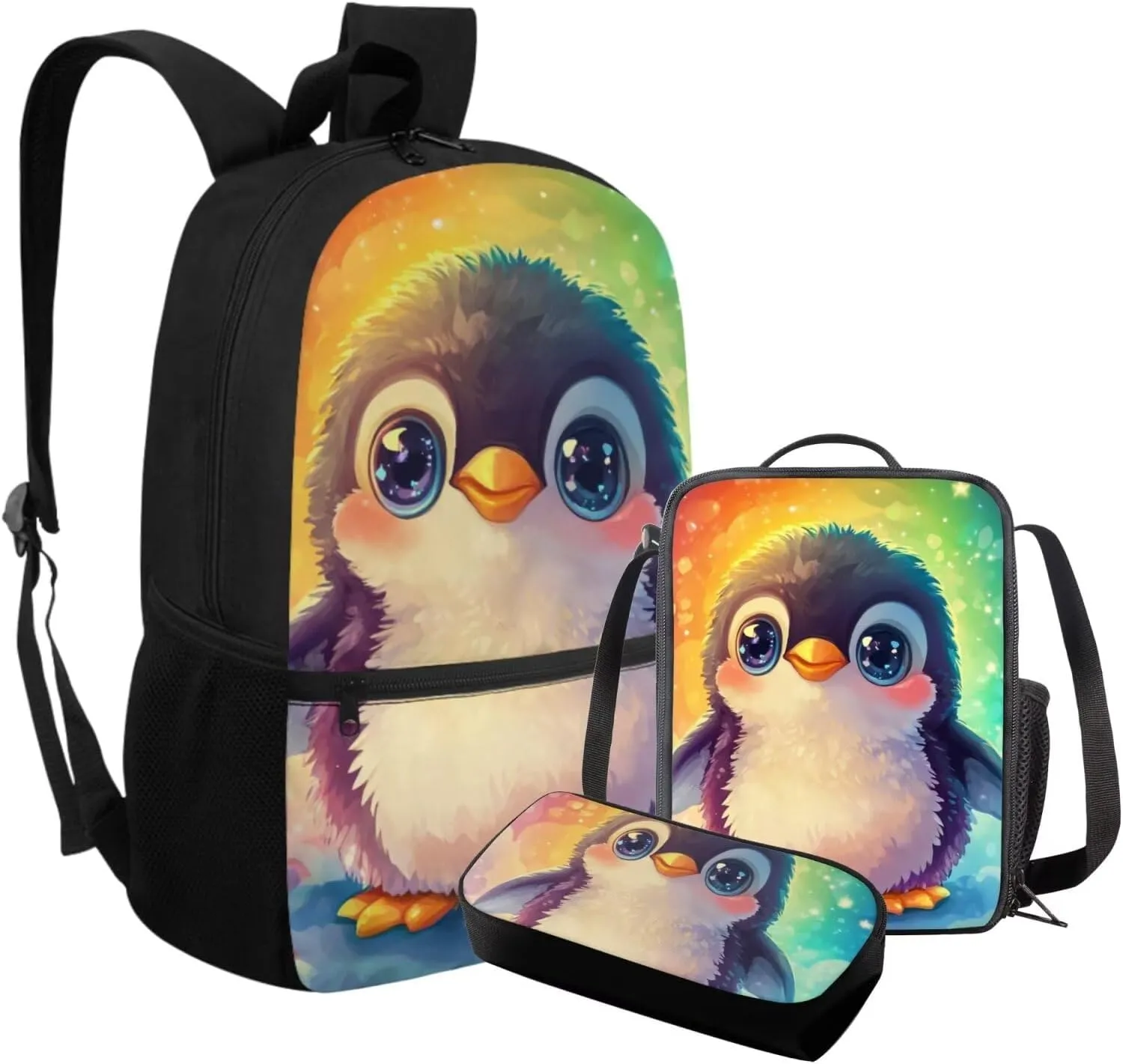 FOR U DESIGNS Penguin Backpack Cool Girls Bookbag Ages 4-6 Large Capacity 1st Grade School Bag and Lunch Bag Set 3 in 1 Book Bags for Kids Travel Rucksack