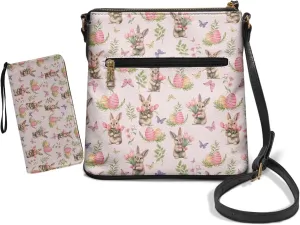 FOR U DESIGNS Purses for Women PU Leather Multi Pockets Easter Bunny Cross Body Purse and Matching Wallet Set