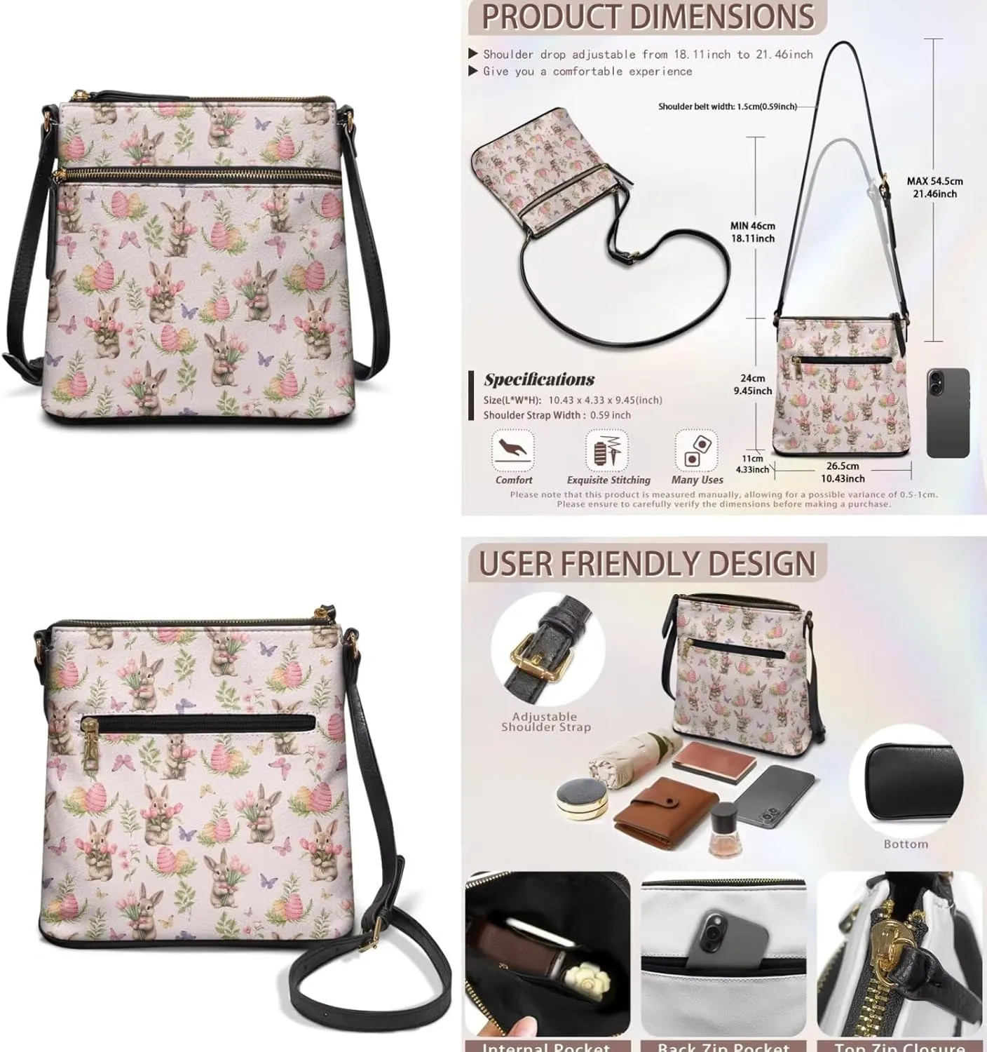 FOR U DESIGNS Purses for Women PU Leather Multi Pockets Easter Bunny Cross Body Purse and Matching Wallet Set