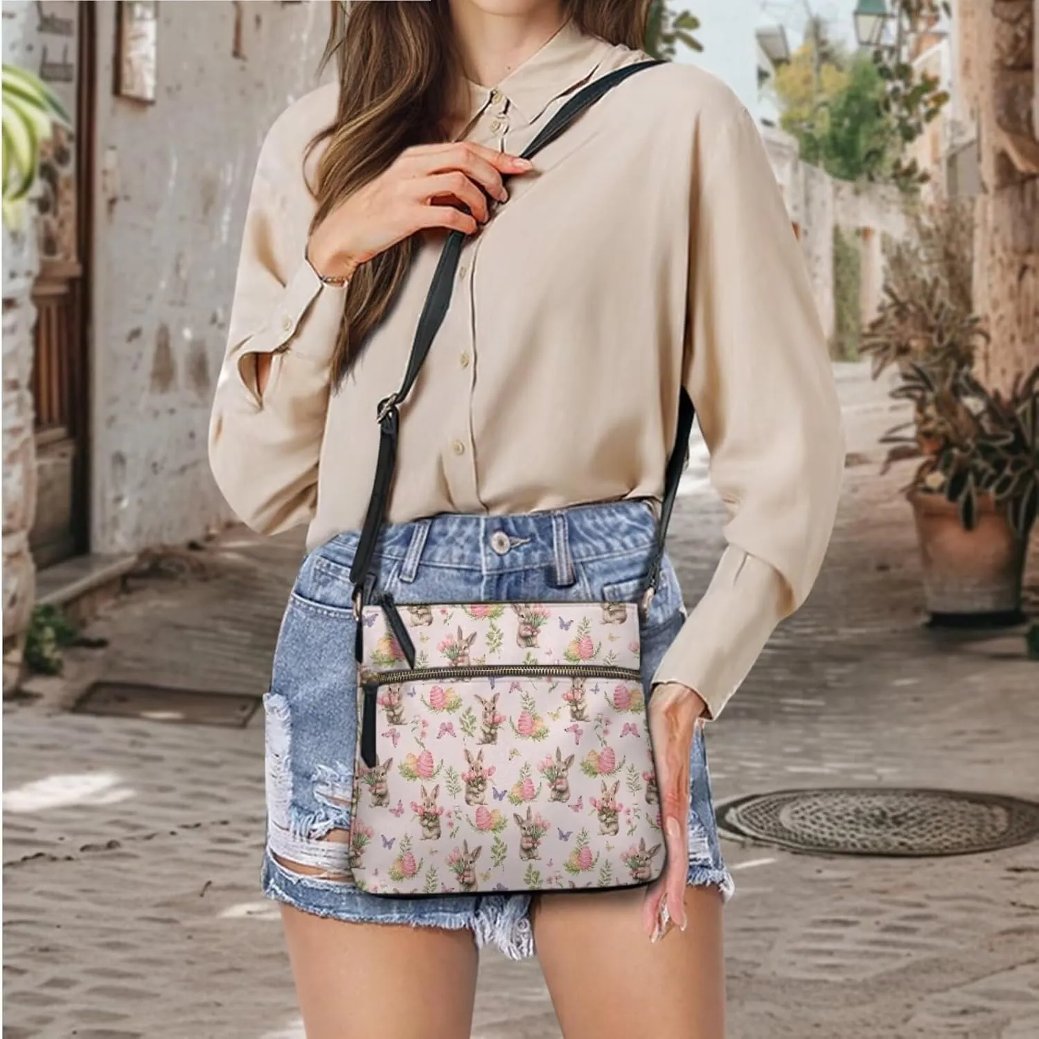 FOR U DESIGNS Purses for Women PU Leather Multi Pockets Easter Bunny Cross Body Purse and Matching Wallet Set