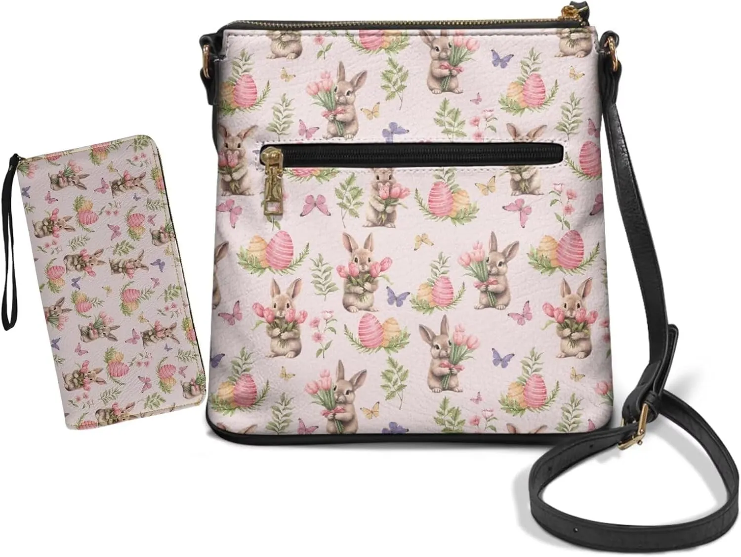 FOR U DESIGNS Purses for Women PU Leather Multi Pockets Easter Bunny Cross Body Purse and Matching Wallet Set
