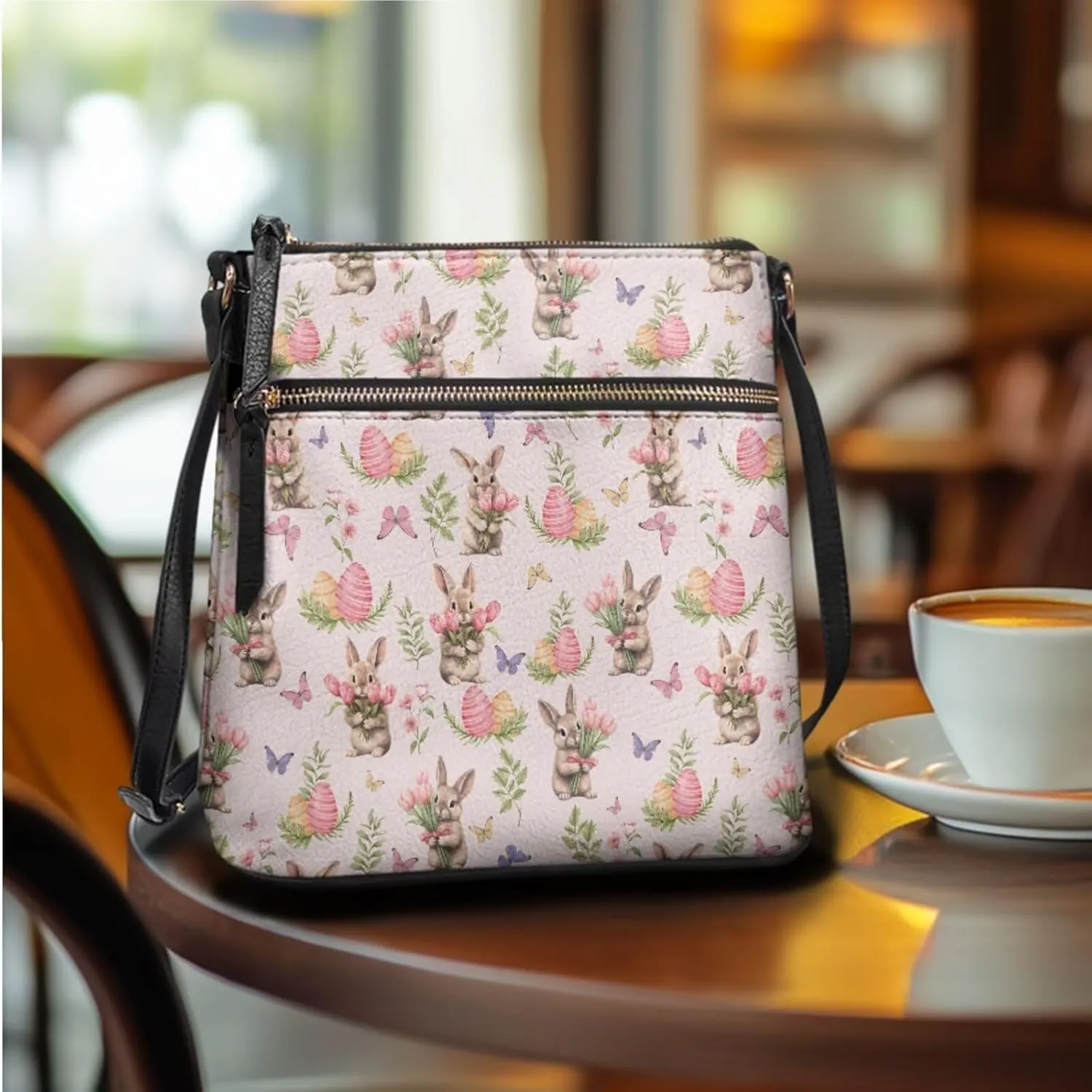 FOR U DESIGNS Purses for Women PU Leather Multi Pockets Easter Bunny Cross Body Purse and Matching Wallet Set
