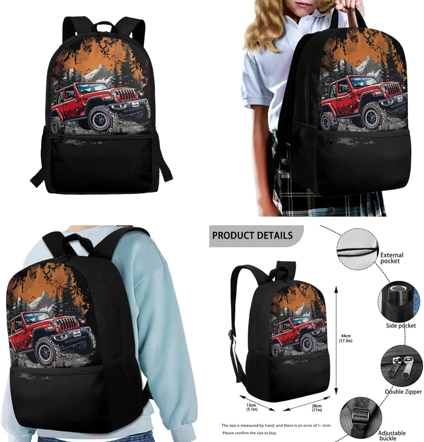 FOR U DESIGNS Truck Backpack and Lunchbox Novelty Kids School Bag Set for Boys Ages 6-8 Lightweight Cool Kindergarten Bookbag and Lunch Box Boys 17 Inch Book Bags