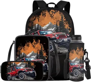 FOR U DESIGNS Truck Backpack and Lunchbox Novelty Kids School Bag Set for Boys Ages 6-8 Lightweight Cool Kindergarten Bookbag and Lunch Box Boys 17 Inch Book Bags