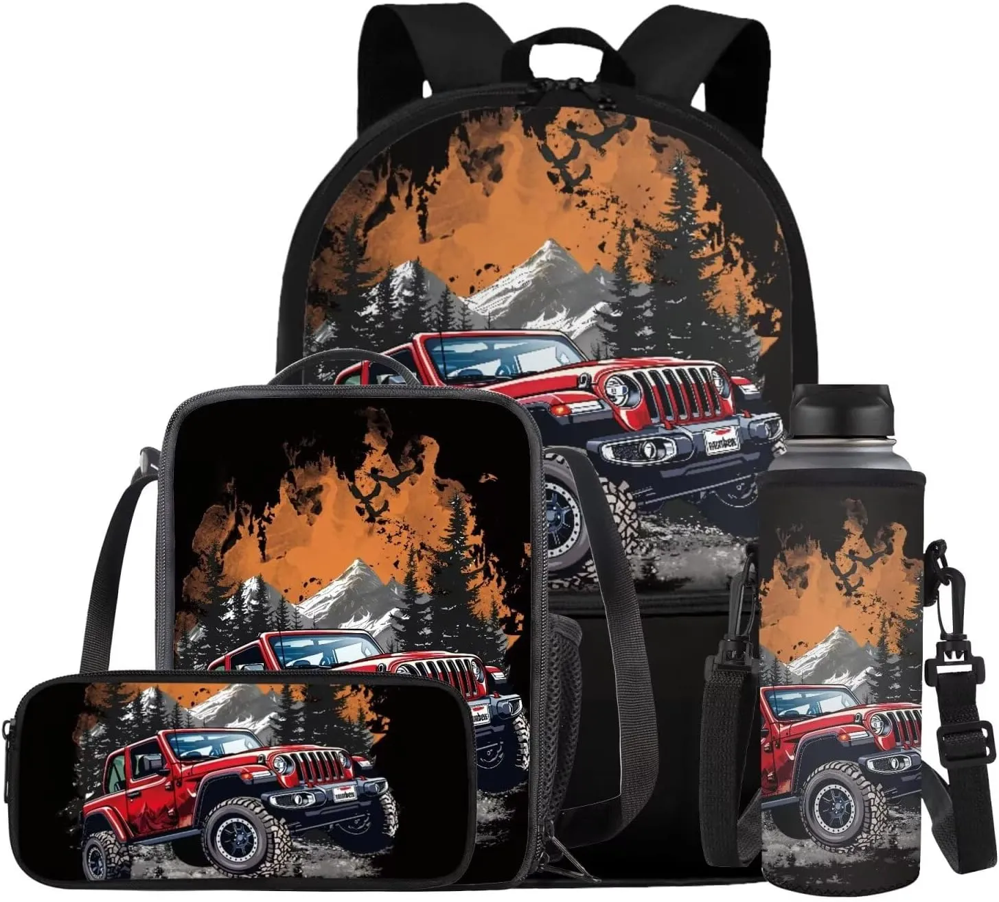 FOR U DESIGNS Truck Backpack and Lunchbox Novelty Kids School Bag Set for Boys Ages 6-8 Lightweight Cool Kindergarten Bookbag and Lunch Box Boys 17 Inch Book Bags