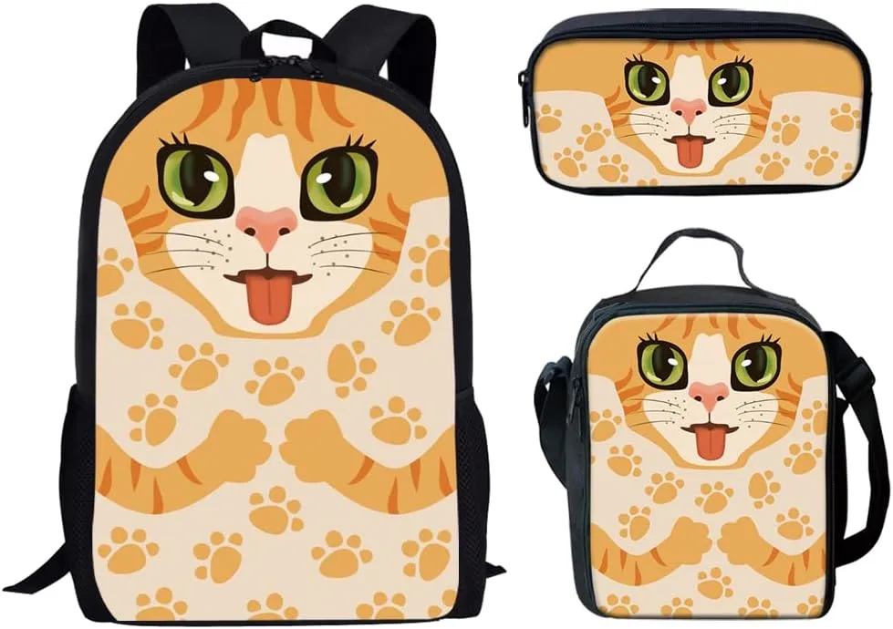 Forchrinse 3 Pieces Cartoon Cat Print Backpack for Kids Girls Preschool School Bag Set with Lunch Tote Bag Pencil Case for Kindergarten Middle School