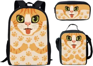 Forchrinse 3 Pieces Cartoon Cat Print Backpack for Kids Girls Preschool School Bag Set with Lunch Tote Bag Pencil Case for Kindergarten Middle School