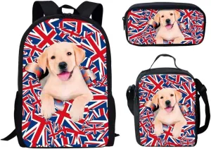 Forchrinse American Flag Dachshund Kids Backpack Student Bookbag Travel Bag,Reusable Lunch Box Pencil Case 3Piece for Boys Girls 8-10