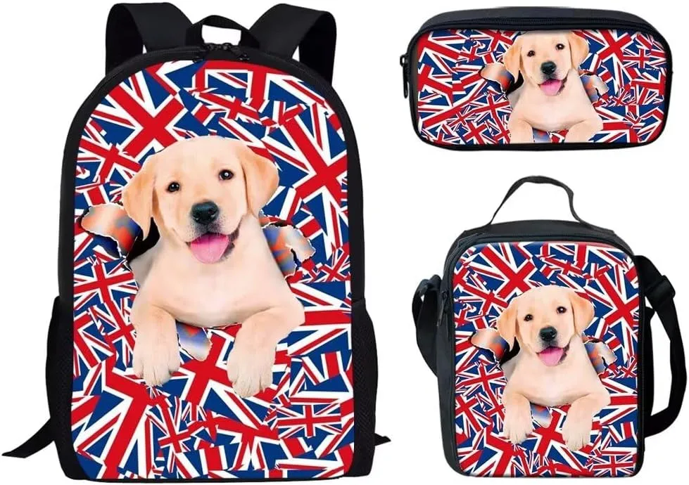 Forchrinse American Flag Dachshund Kids Backpack Student Bookbag Travel Bag,Reusable Lunch Box Pencil Case 3Piece for Boys Girls 8-10