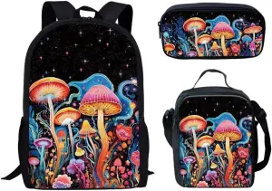 Forchrinse Art Mushroom School Bag with Lunch Box for Kids Novelty Bookbag for Boys Girls 14-16 Backpack Sets and Insulated Lunch Box Pencil Case for School