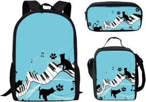 Forchrinse Black Cat Music Piano Backpack for Kids,School Bookbag Set with Matching Lunch Bag Pencil Case 3pcs Student Backpack for Boys Girls