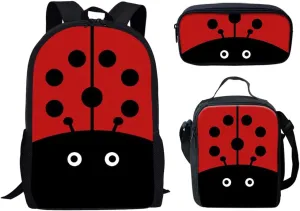 Forchrinse Cartoon Ladybug Kids Backpack for Boys Girls Ladybug School Bag Bookbag Set Lunch Bag Pencil Case 3pcs Set