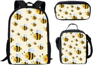 Forchrinse Cute Bee Causal Backpack School Camp Rucksack with Lunch Box Bag,Pencil Case 3 in 1 Backpack Set