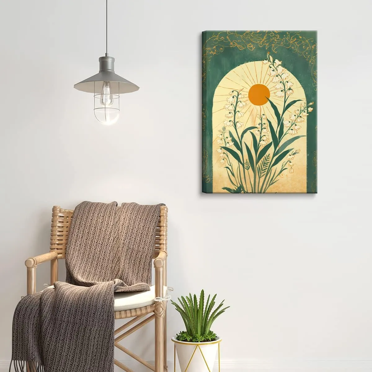 Framed Lily Of The Valley Wall Art Emerald Green Botanical Canvas Wall Decor Mystical Folk Sun Taurus Sign Flowery Spiritual Pictures Prints Posters for Living Room Office Ready To Hang 12x16in