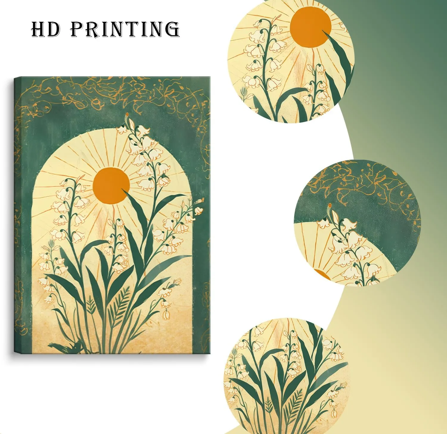 Framed Lily Of The Valley Wall Art Emerald Green Botanical Canvas Wall Decor Mystical Folk Sun Taurus Sign Flowery Spiritual Pictures Prints Posters for Living Room Office Ready To Hang 12x16in