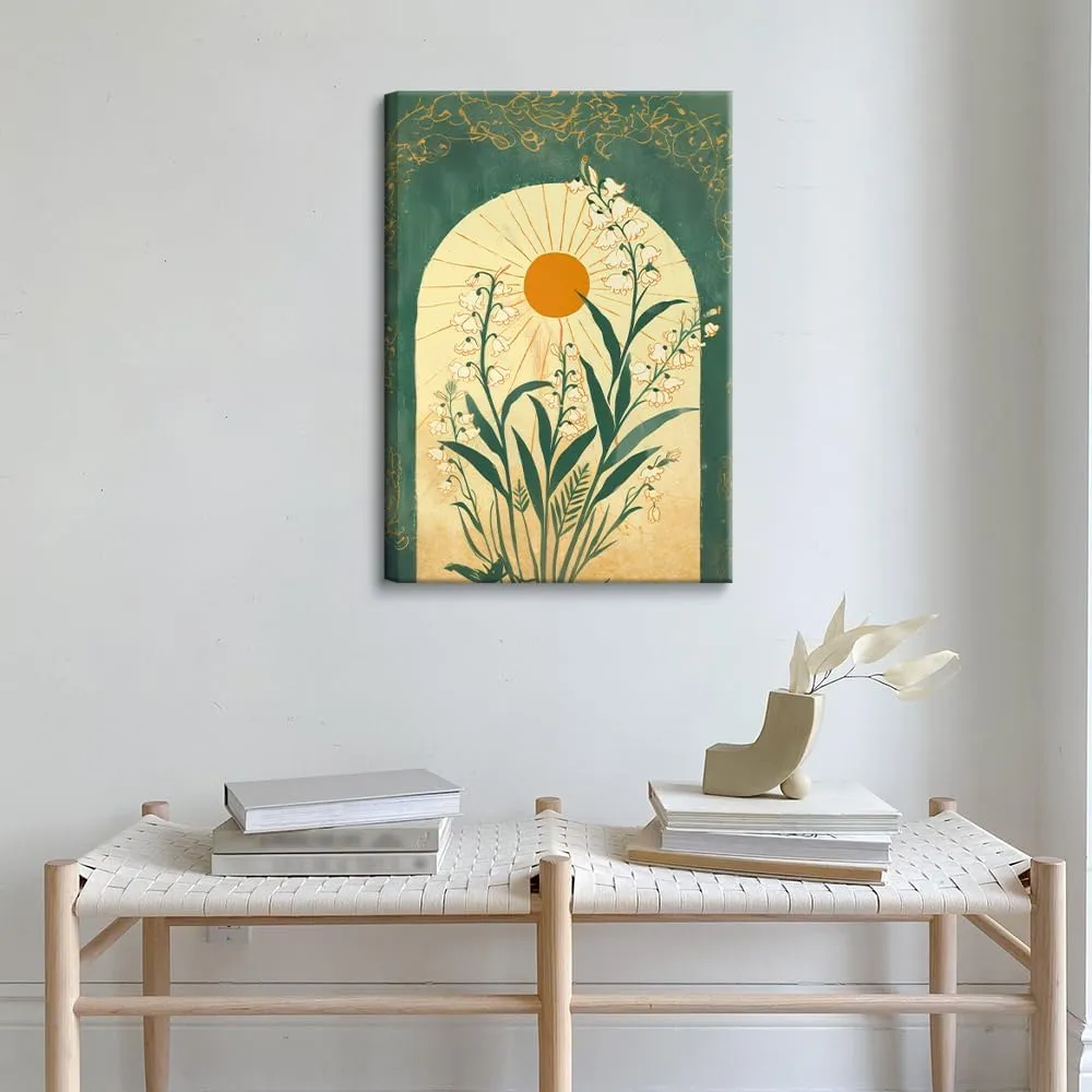 Framed Lily Of The Valley Wall Art Emerald Green Botanical Canvas Wall Decor Mystical Folk Sun Taurus Sign Flowery Spiritual Pictures Prints Posters for Living Room Office Ready To Hang 12x16in