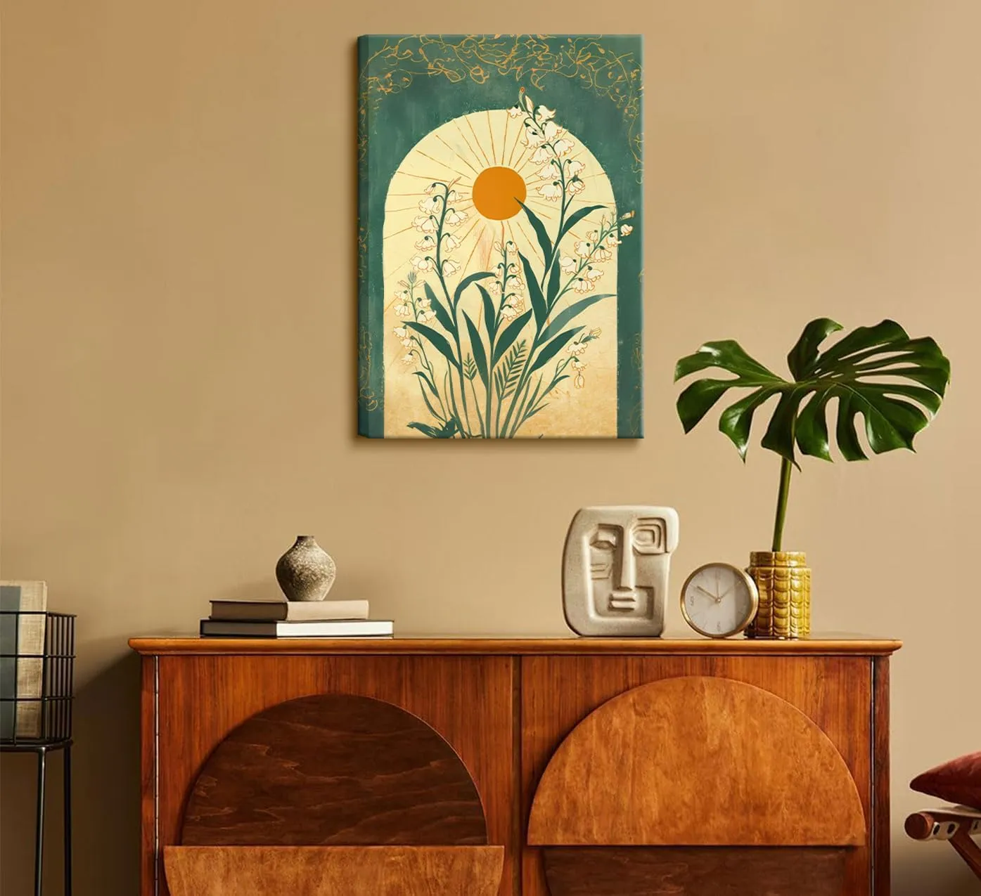 Framed Lily Of The Valley Wall Art Emerald Green Botanical Canvas Wall Decor Mystical Folk Sun Taurus Sign Flowery Spiritual Pictures Prints Posters for Living Room Office Ready To Hang 12x16in