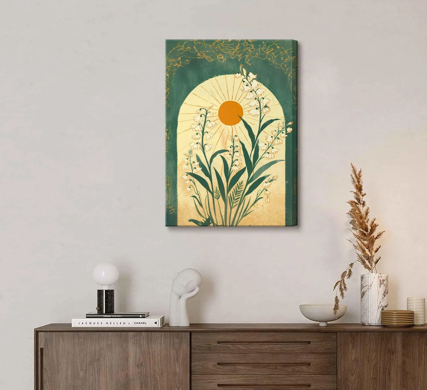 Framed Lily Of The Valley Wall Art Emerald Green Botanical Canvas Wall Decor Mystical Folk Sun Taurus Sign Flowery Spiritual Pictures Prints Posters for Living Room Office Ready To Hang 12x16in