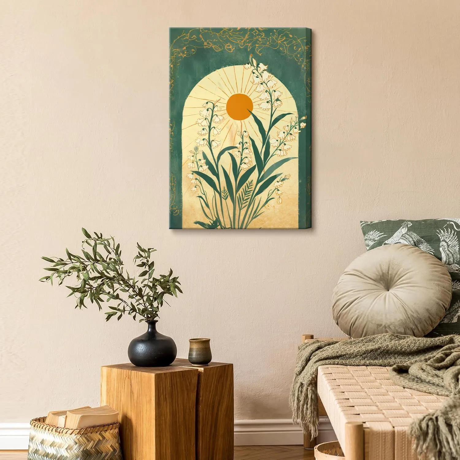 Framed Lily Of The Valley Wall Art Emerald Green Botanical Canvas Wall Decor Mystical Folk Sun Taurus Sign Flowery Spiritual Pictures Prints Posters for Living Room Office Ready To Hang 12x16in