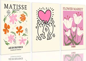 Framed Matisse Wall Art Set of 3 Henri Matisse Abstract Pink Floral Posters Print Minimalist Canvas Wall Decor for Living Room Bedroom Girls Room Decor 12x16in