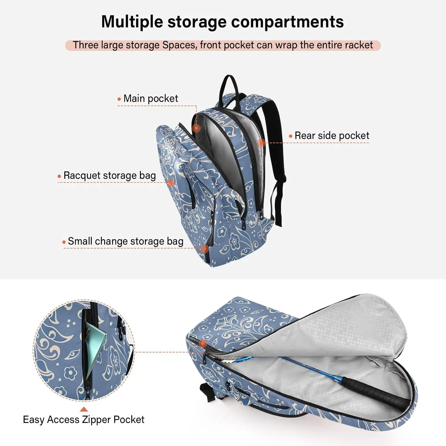 GAIGEO Cool Soccer Graffiti Pickleball Backpack, Multiple Storage Compartments Tennis Racket Backpack, Foldable Pocket