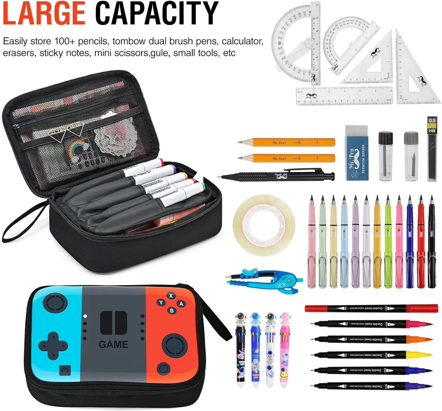 Gamer Large Capacity Pencil Case for Boys Teens Kids - School, Art & Office Supply Organizer with Sturdy Handle, Double Layer Pen Bag, Zippered Pouch & Storage Box for Men Adults