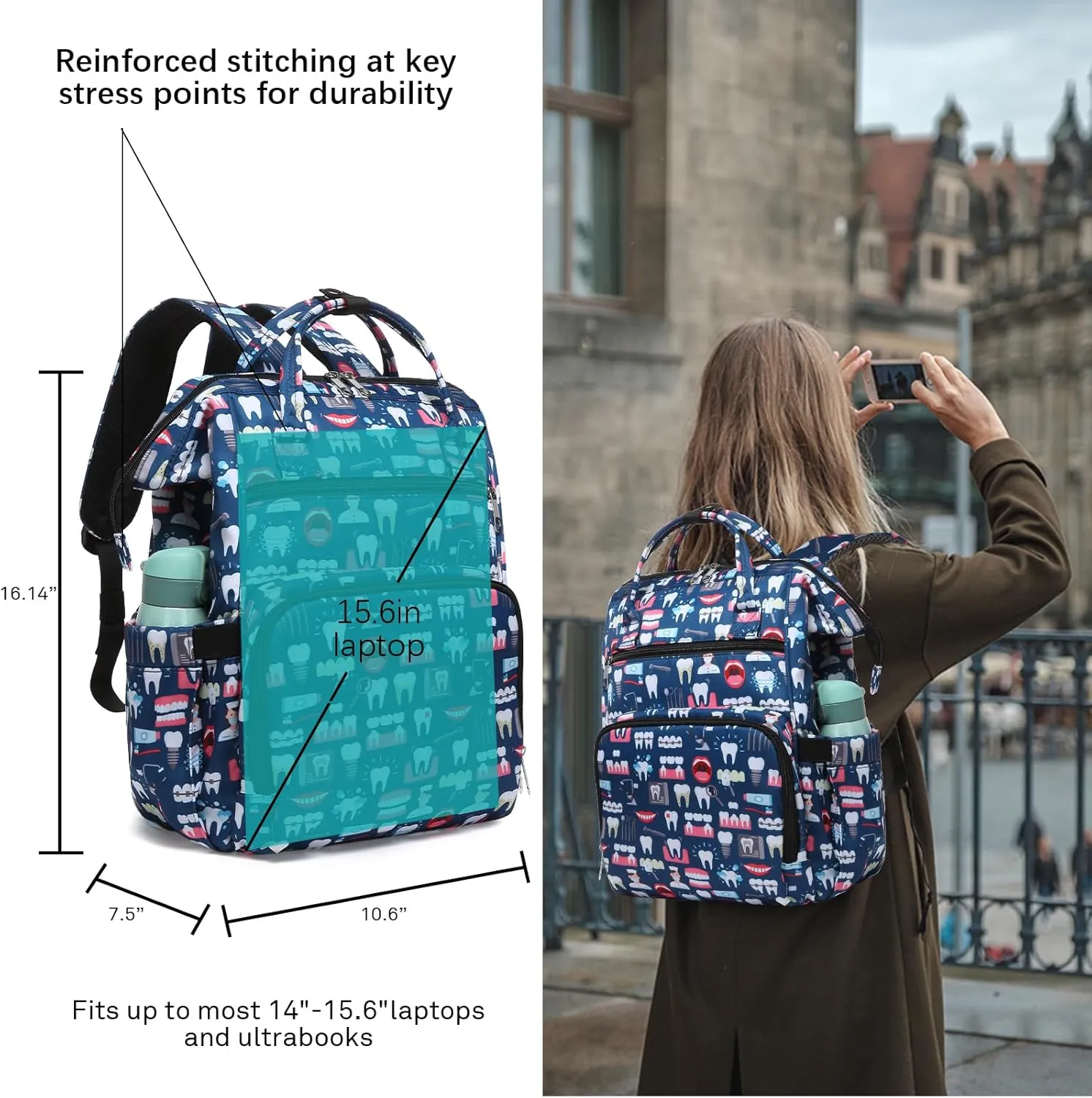 Gatycallaty Teacher Backpack for Women Teacher Laptop Bag Travel Work Gifts Teacher Bookbag Office Educators Large Capacity (NAVYTEETH, 15.6 inches)