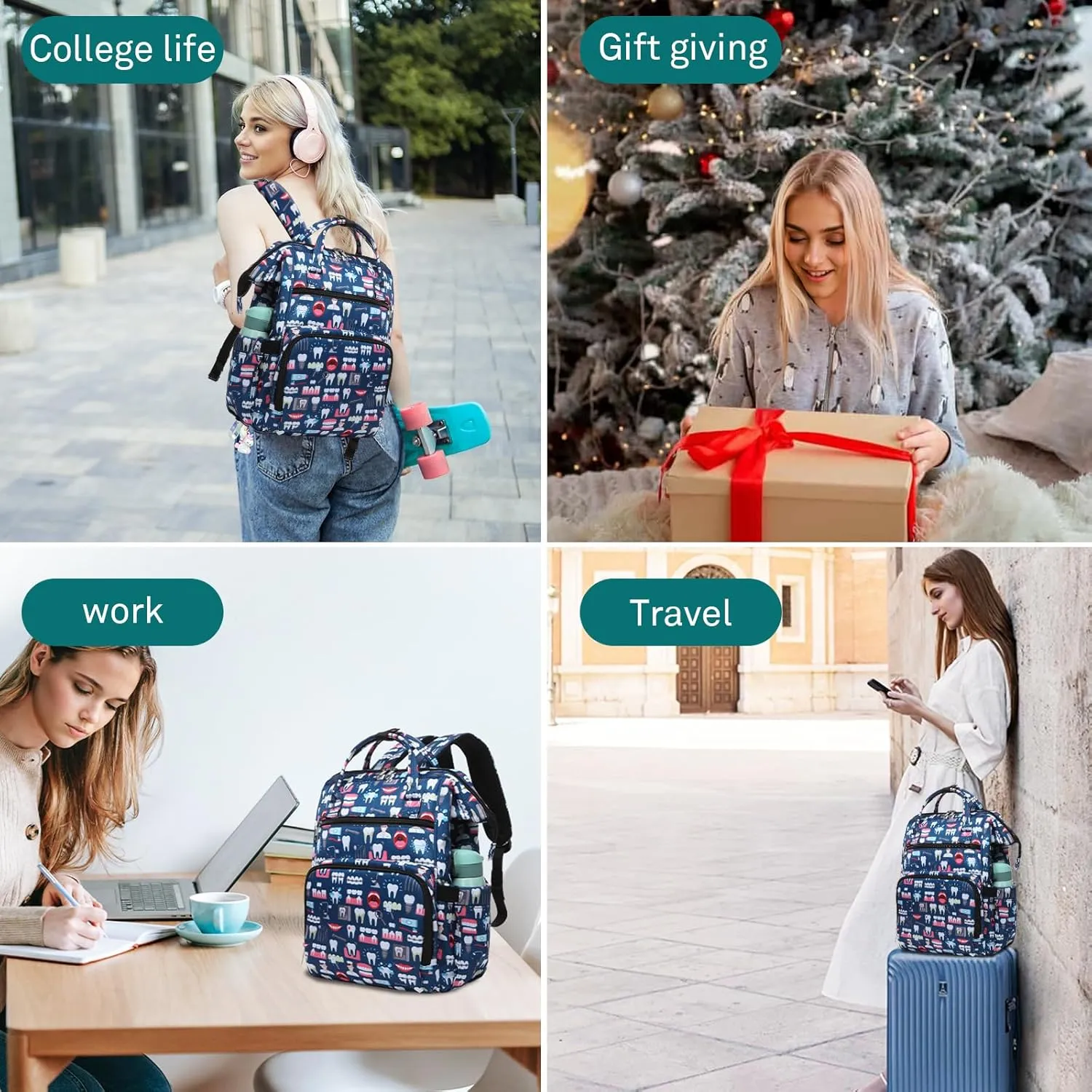 Gatycallaty Teacher Backpack for Women Teacher Laptop Bag Travel Work Gifts Teacher Bookbag Office Educators Large Capacity (NAVYTEETH, 15.6 inches)