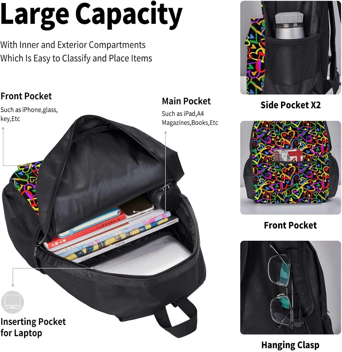 Gay pride rainbow Multifunctional Pocket Backpack Crossbody Lunch Bag Pencil Case 3Pcs Set Large Capacity Backpack