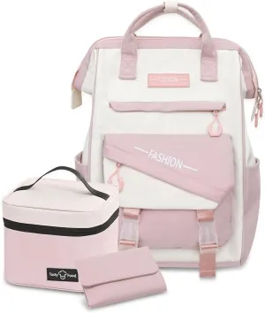 Geelragaly Laptop Backpack for 15.7 -inch Laptops, Waterproof Backpack for Female, with Lunch Bagand wallet, Three - piece set,pink.