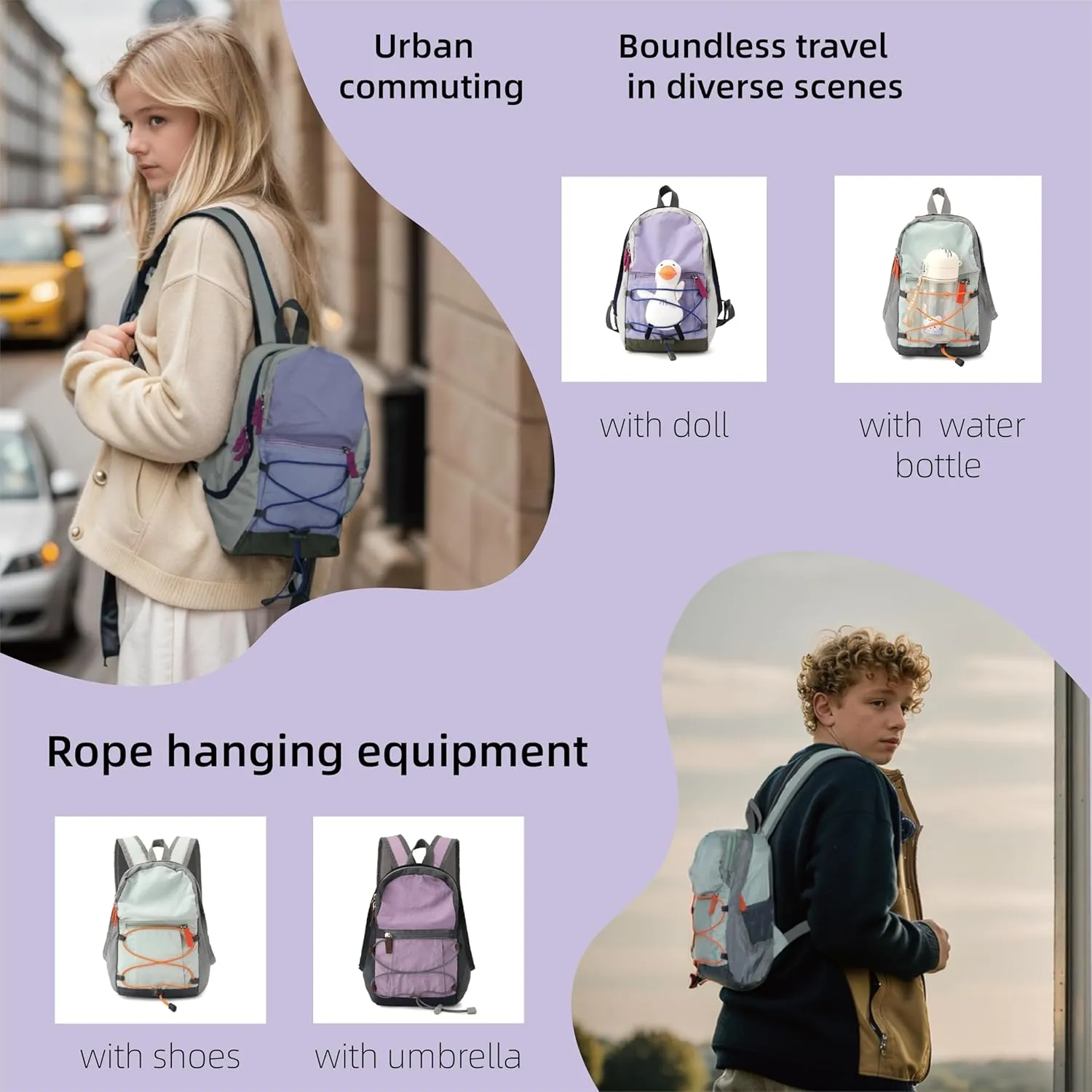 Geerlaqaly hiking backpack, suitable for both men and women, lightweight and large capacity, suitable for leisure and urban use, with reflective strips and whistle,blackpurple