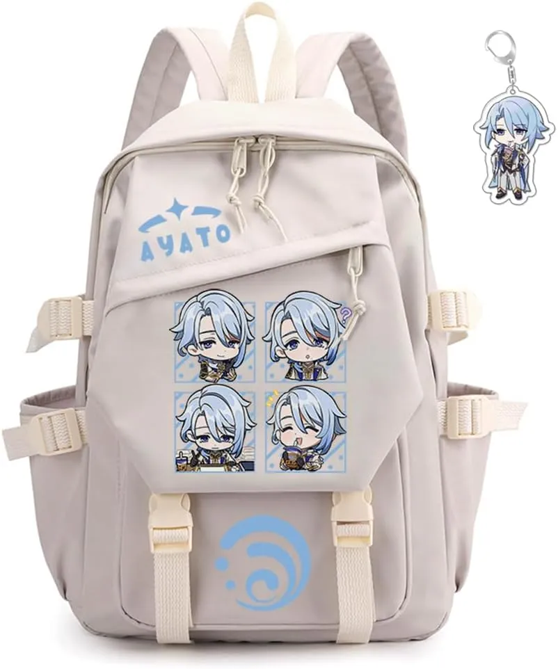Genshin Impact Backpack Women Men Unisex Scaramouche Rucksack Hu Tao Xiao Bag Kawaii Backpack, Free Keychain (White-Ayato)