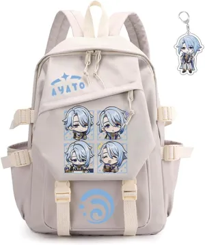 Genshin Impact Backpack Women Men Unisex Scaramouche Rucksack Hu Tao Xiao Bag Kawaii Backpack, Free Keychain (White-Ayato)